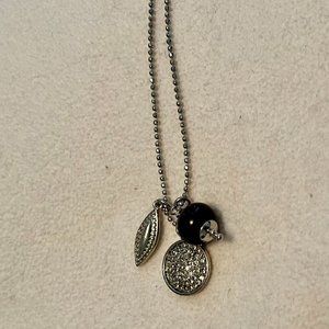 LOFT Silver Tone Charm Necklace w/Black Bead, Rhinestone Disk - 16 -18 inc…